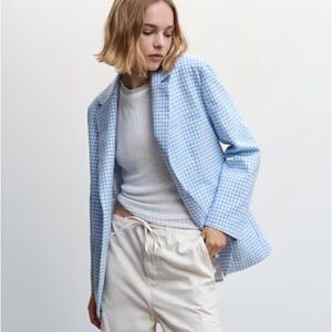 Mango Light Blue Checkered oversize Blazer